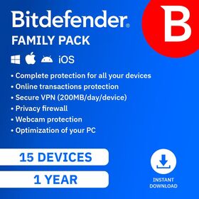 Bitdefender Family Pack for PC and MAC, 15 Devices, 1-Year Subscription